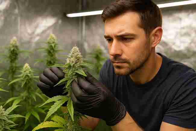 Grower wearing black gloves closely inspecting a mature cannabis cola in an indoor grow room, demonstrating how to evaluate traits after cannabis stress testing.
