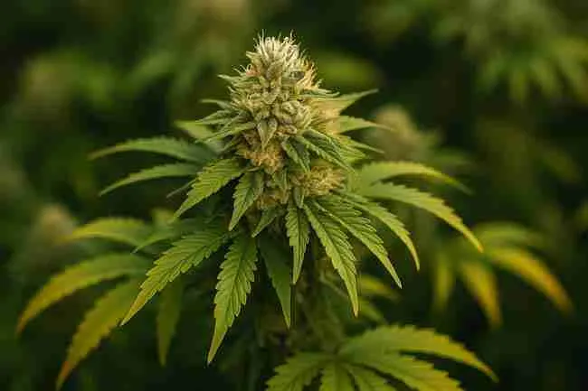 Close-up of a mature cannabis cola with dense, frosty buds and aging leaves, representing plant responses measured during cannabis stress testing.