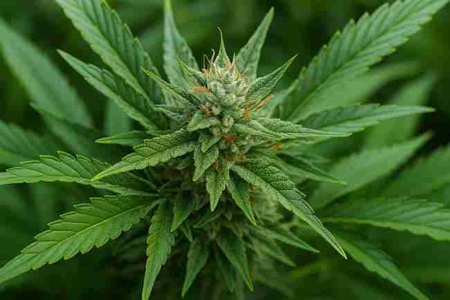 Close-up of a frosty cannabis cola with dense buds and vibrant green leaves, representing a plant being evaluated during a cannabis stress testing checklist.