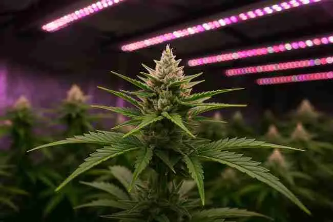 Cannabis plant growing under purple LED grow lights in an indoor room, symbolizing controlled environments discussed in cannabis stress testing FAQs.
