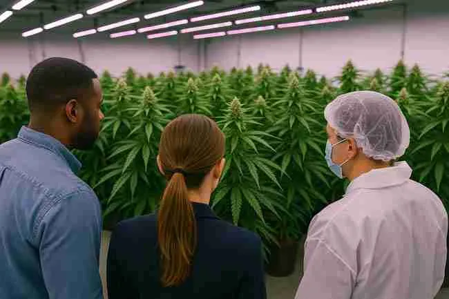 Three cannabis professionals examining rows of mature plants under LED grow lights, illustrating decision-making and evaluation during cannabis stress testing.