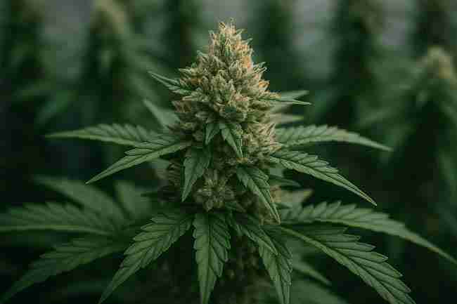 Frosty cannabis bud with vibrant orange pistils and dense trichomes, representing resilient traits developed through cannabis stress testing