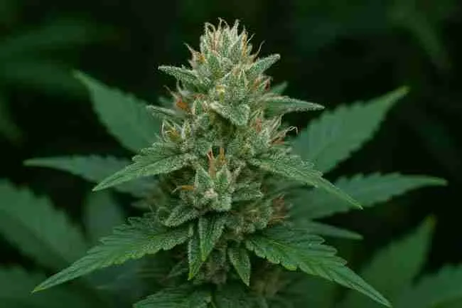 Mature cannabis bud coated in shimmering trichomes with orange pistils and layered leaves, illustrating final plant evaluation in cannabis stress testing.