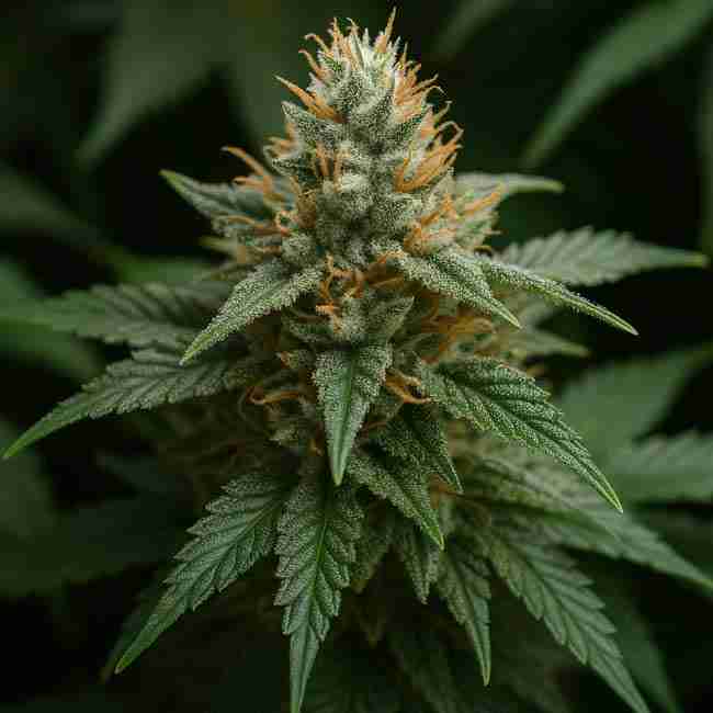 Close-up of a mature cannabis cola with dense trichomes and vibrant green leaves, representing keeper evaluation during cannabis stress testing.