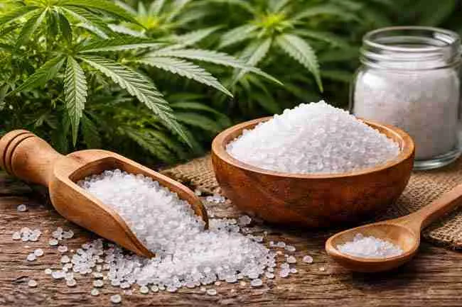 Epsom salt crystals in wooden scoop and bowl beside healthy cannabis plants, showing magnesium source for Epsom salt cannabis plants section