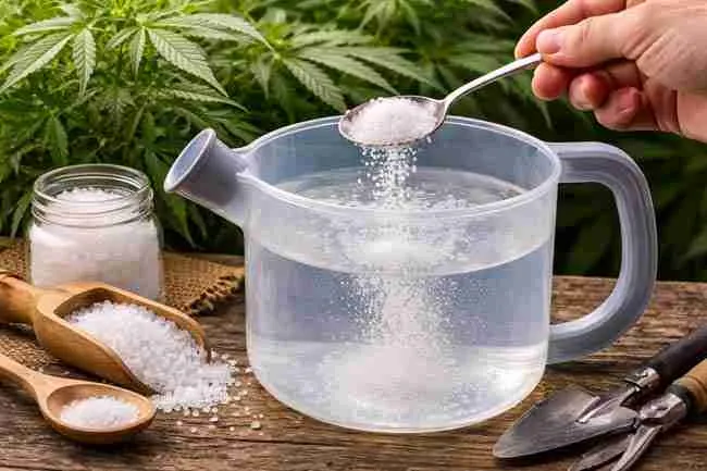 Epsom salt dissolving in water inside a watering container with cannabis plants in background for Epsom salt cannabis plants application section