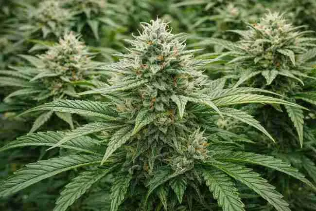 Close-up of dense flowering cannabis buds with visible trichomes showing healthy bloom development for Epsom salt cannabis plants flowering section