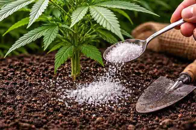 Epsom salt crystals being sprinkled onto soil around a cannabis plant base showing soil application method for Epsom salt cannabis plants section