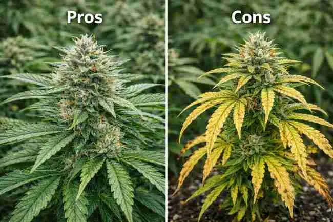 Side-by-side comparison of healthy cannabis plant versus magnesium-deficient plant showing pros and cons of Epsom salt cannabis plants use