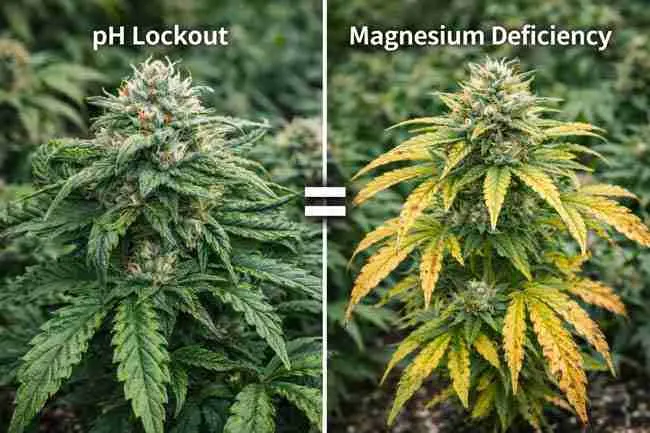 Comparison of cannabis plant affected by pH lockout versus magnesium deficiency showing visual differences for Epsom salt cannabis plants diagnosis section