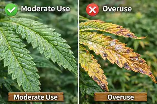 Comparison of healthy cannabis leaf versus damaged leaf showing moderate use versus overuse of Epsom salt cannabis plants