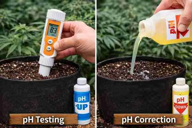 Testing and correcting soil pH for cannabis plants using digital pH meter and pH adjustment solution before applying Epsom salt