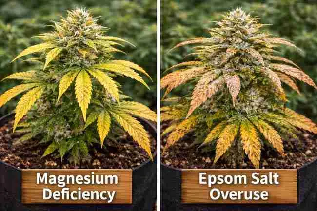 Side-by-side comparison of cannabis plant with magnesium deficiency versus Epsom salt overuse showing visual differences in leaf damage
