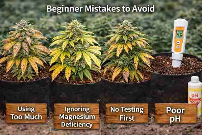 Cannabis plants showing common beginner mistakes including overuse of Epsom salt, ignored magnesium deficiency, no testing, and poor pH