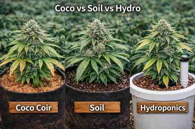 Side-by-side comparison of cannabis plants grown in coco coir, soil, and hydroponics showing how Epsom salt affects different grow mediums