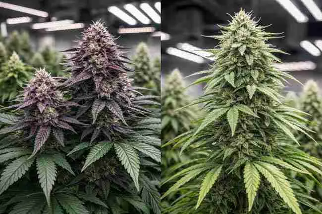 Two cannabis plants with different phenotype expressions, one displaying deep purple buds and the other light green resin-heavy buds, demonstrating desirable trait selection recorded in cannabis pheno hunting notes