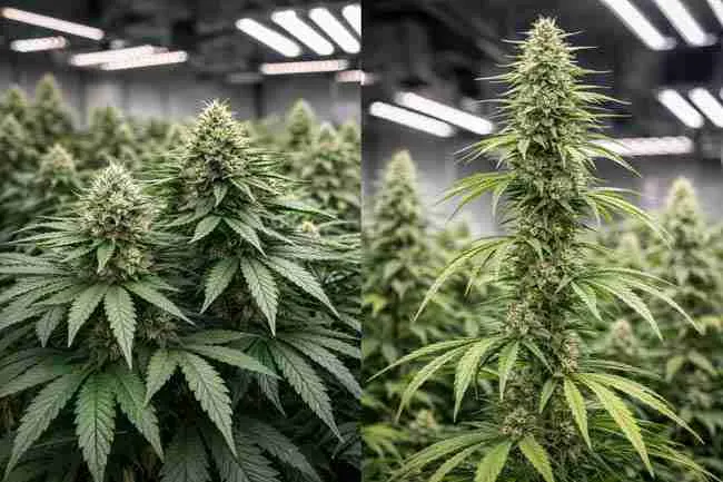 Indoor cannabis grow showing contrasting phenotypes with dense short plants and tall stretchy plants side by side, used for phenotype tracking and detailed cannabis pheno hunting notes