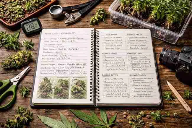 Open cannabis breeder notebook on a workbench surrounded by grow tools, showing handwritten phenotype tracking entries and organized cannabis pheno hunting notes used in a breeder log template