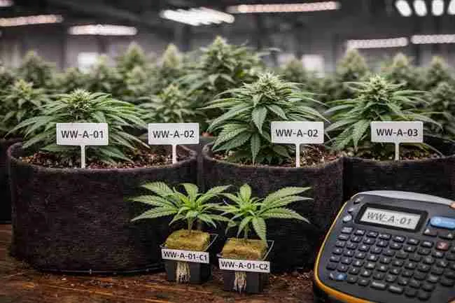 Labeled cannabis plants and clones in an indoor grow room with matching plant codes and clone IDs, demonstrating proper labeling for phenotype tracking and cannabis pheno hunting notes