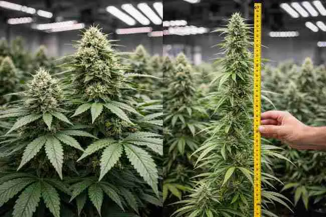 Side-by-side cannabis plants showing different heights and structures with a measuring tape used to track stretch and growth traits for phenotype scoring in cannabis pheno hunting notes