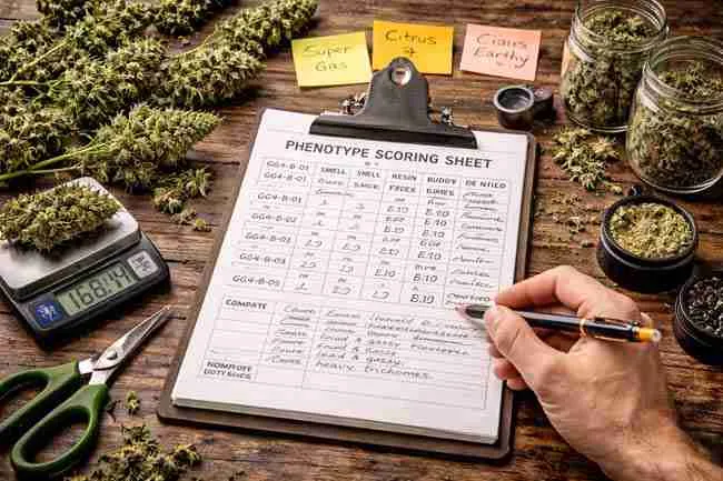 Freshly harvested cannabis branches laid out beside a phenotype scoring sheet, scale, scissors, and curing jars, showing hands-on evaluation and storytelling-style cannabis pheno hunting notes