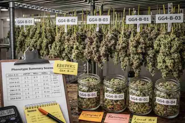 Indoor cannabis drying room with multiple labeled phenotypes hanging upside down, accompanied by phenotype summary scores, humidity monitoring, and curing jars used for detailed cannabis pheno hunting notes