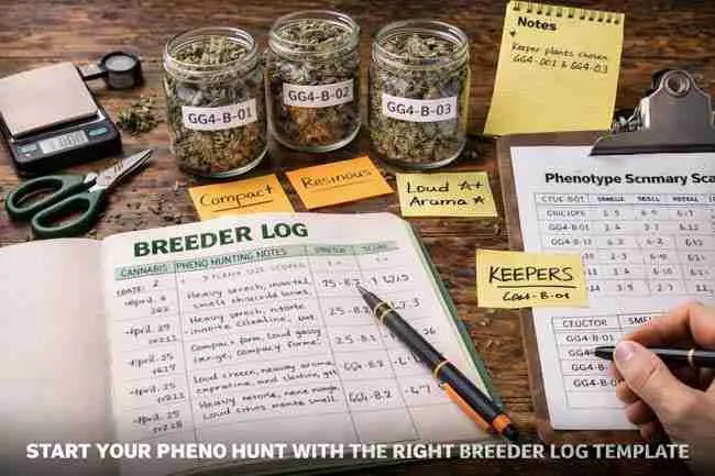 Cannabis breeder workspace with labeled phenotype jars, breeder log notebook, scoring sheets, scale, loupe, and notes, demonstrating a complete breeder log template setup for organized cannabis pheno hunting notes