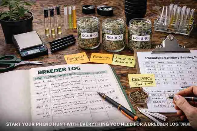 Cannabis phenotype breeding workspace showing an open breeder log with cannabis pheno hunting notes, labeled phenotype jars, scoring sheets, measuring tools, and cultivation equipment arranged for organized phenotype tracking using a breeder log template