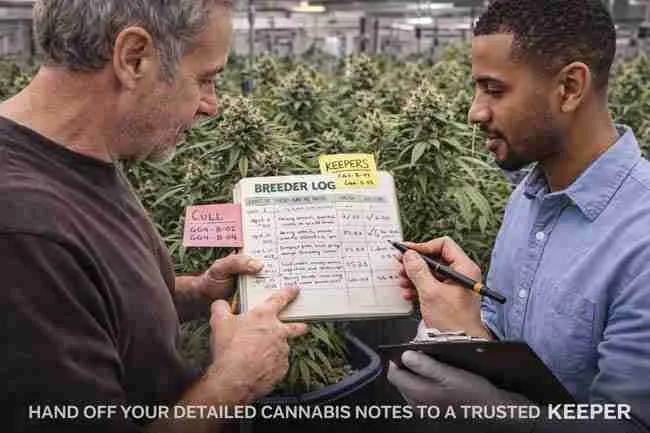 Two cannabis breeders reviewing a breeder log together in a grow room, comparing phenotype tracking notes and keeper selections to preserve cannabis pheno hunting notes for future breeding decisions