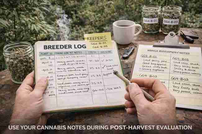 Outdoor post-harvest cannabis evaluation showing a breeder reviewing cannabis pheno hunting notes while smoke testing cured buds, with labeled phenotype jars and breeder log used for final phenotype tracking decisions