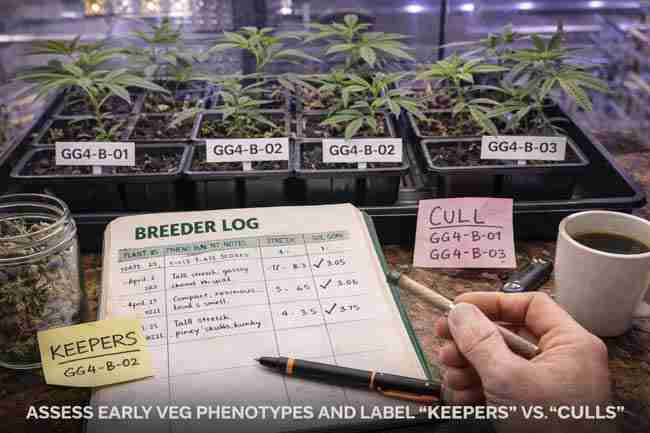 Cannabis seedling trays under early vegetative grow lights with labeled phenotypes, breeder log notes, and keeper versus cull decisions being recorded, demonstrating early-stage cannabis pheno hunting notes and phenotype tracking