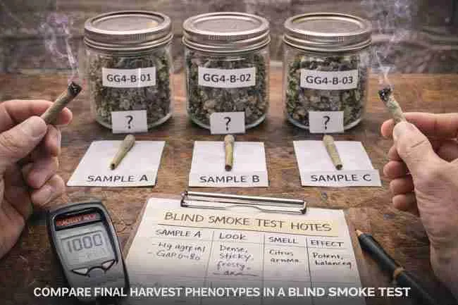 Blind post-harvest cannabis smoke test comparing multiple phenotypes using labeled samples, cured jars, and scoring notes to evaluate aroma, flavor, and effect for final cannabis pheno hunting notes