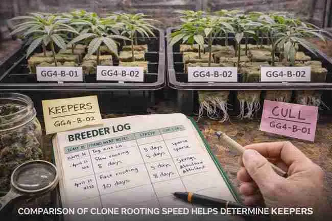 Cannabis clone trays showing side-by-side rooting speed differences between phenotypes, with labeled clones, visible root development, and breeder log notes used to evaluate propagation strength in cannabis pheno hunting notes