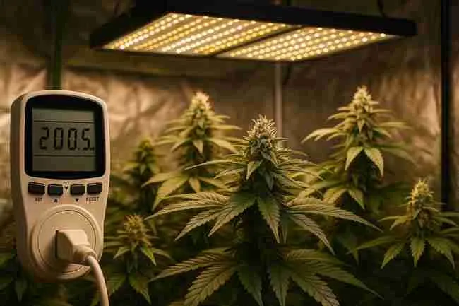 Indoor cannabis plants in full bloom under LED grow lights with a digital power meter showing kilowatt-hour usage, illustrating the relationship between energy consumption and cannabis yield per kWh.
