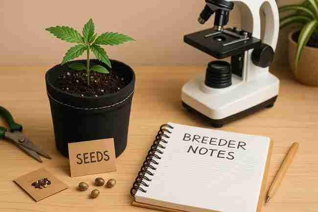 Cannabis seedling in a fabric pot beside seeds, pruning shears, and a microscope on a breeder’s workspace desktop, representing the tools used to calculate cannabis yield per kWh.