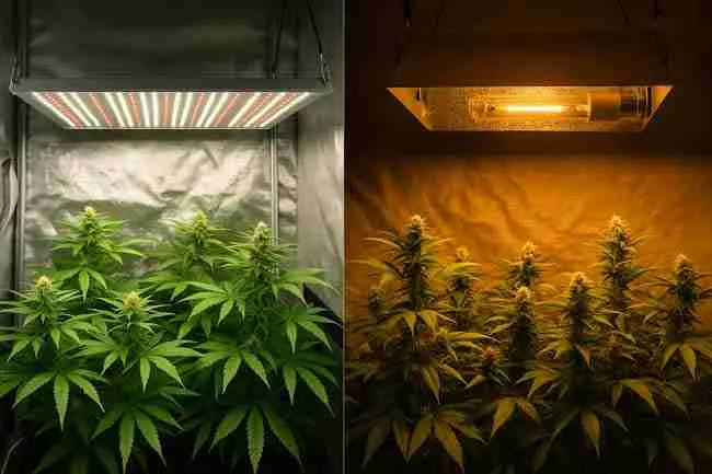 Side-by-side indoor cannabis grow comparison showing plants under cool-toned LED lighting on the left and warm-toned HPS lighting on the right, illustrating energy efficiency differences that impact cannabis yield per kWh.