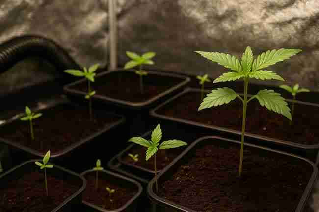 Cannabis seedlings at different growth stages inside an indoor grow tent with reflective mylar walls, warm lighting, and black pots, representing how early growth environment affects overall cannabis yield per kWh.