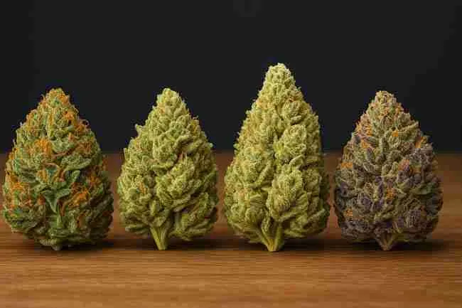 Four cannabis buds of different shapes, sizes, and colors lined up on a wooden surface, highlighting how genetics influence yield potential and cannabis yield per kWh.