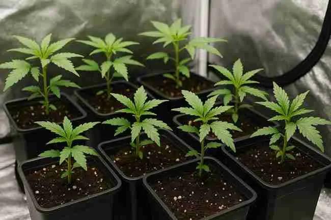 Rows of healthy young cannabis plants growing in black pots inside a reflective indoor grow tent, illustrating how consistent daily care supports higher cannabis yield per kWh.