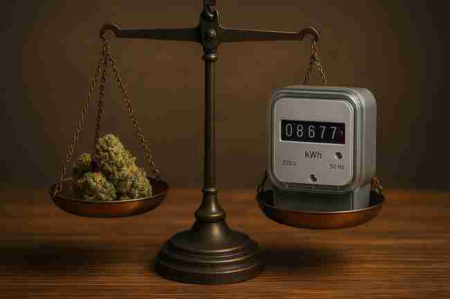 Brass balance scale holding cannabis buds on one side and a kWh electricity meter on the other, symbolizing the trade-off between energy consumption and cannabis yield per kWh.