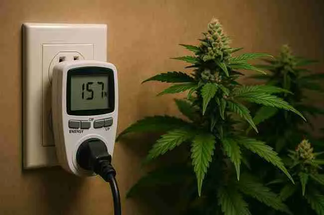 Digital power usage meter plugged into a wall outlet displaying 157 watts beside flowering cannabis plants, illustrating how monitoring equipment power draw improves cannabis yield per kWh.