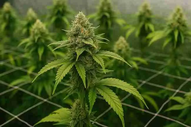 Horizontal image of mature cannabis colas growing indoors with dense trichomes, illustrating how healthy buds look before becoming over-dried in the “rehydrate dry cannabis” article.