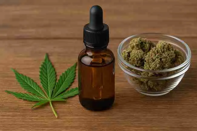 Horizontal image of an amber glass dropper bottle, cannabis leaf, and dried buds in a glass bowl on a wooden surface, representing the curing and post-rehydration process for cannabis.