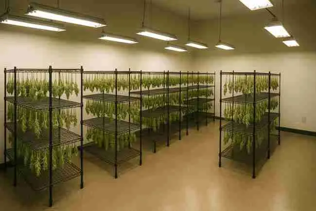 Horizontal image of a professional cannabis drying room with hanging branches on wire racks under overhead lights, showing a controlled environment that prevents over-drying cannabis.