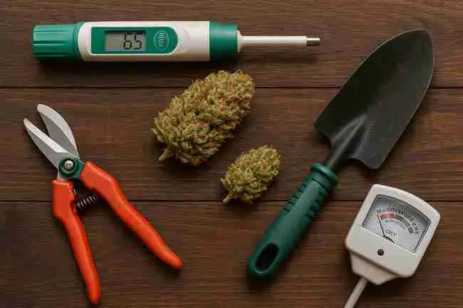 Horizontal image of cannabis cultivation tools including a pH meter, pruning shears, moisture meter, trowel, and dried buds on a wooden surface, representing essential tools used during safe rehydration and curing.
