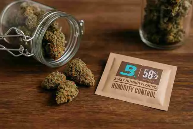 Horizontal image of cannabis buds spilling from a glass jar beside a 58% humidity control pack, demonstrating safe humidity methods used to rehydrate dry cannabis.