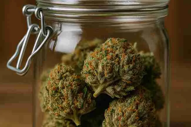 Horizontal close-up image of a glass curing jar packed with dense cannabis buds, highlighting trichomes, airtight metal latch, and proper storage for curing and rehydration.