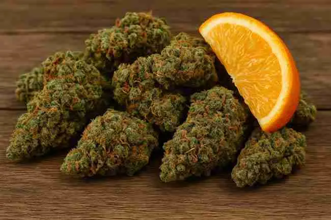 Horizontal image of cannabis buds with a fresh orange slice on a wooden surface, illustrating the citrus peel method and its risks when trying to rehydrate dry cannabis.