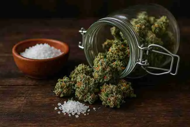 Horizontal image of cannabis buds spilling from an open glass jar beside a terracotta bowl of coarse sea salt, representing moisture control myths and alternative rehydration methods for dry cannabis.