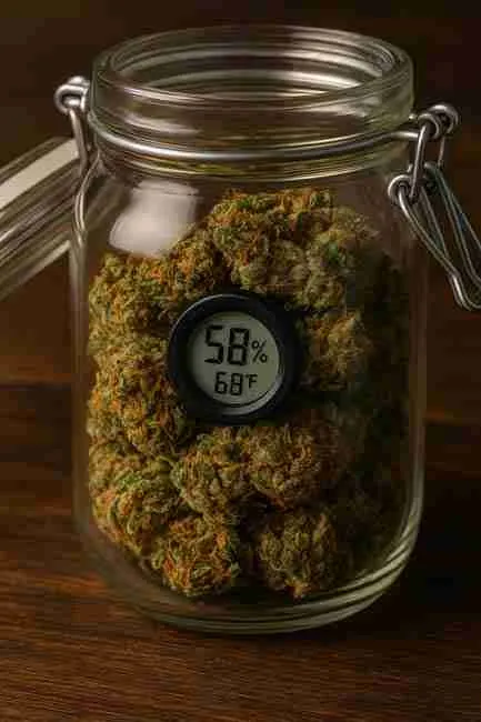 Vertical close-up image of a glass mason jar packed with cannabis buds and a digital hygrometer reading 58% humidity and 68°F, showing ideal curing and rehydration storage conditions.